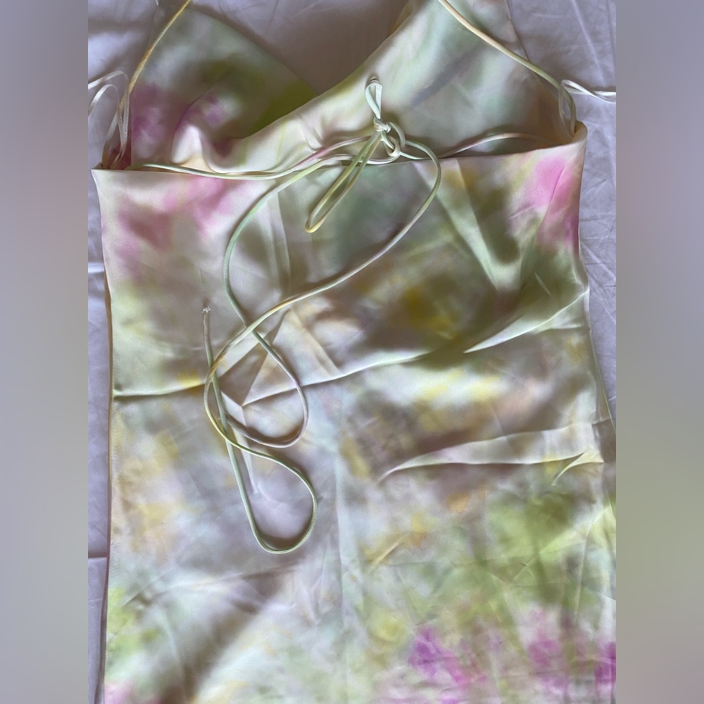 Zara Printed Watercolor Satin Tie Dye Mini Cowl Neck Dress Cream Pink XS NWT - Picture 11 of 16